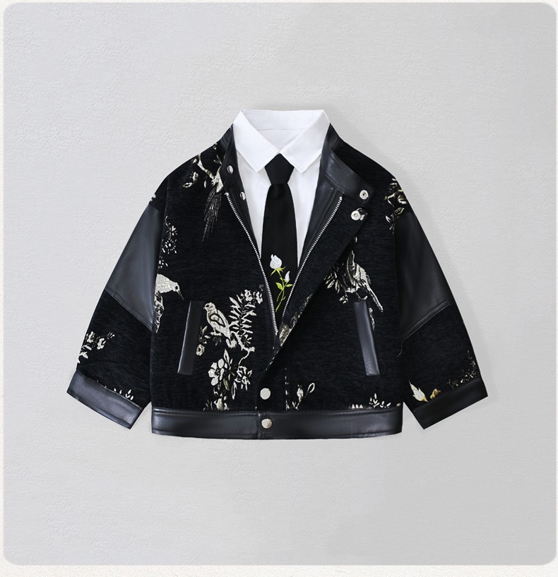 Leather Work Jacket - Gentleman Kinder Stickerei Motorrad Pu Lederjacke